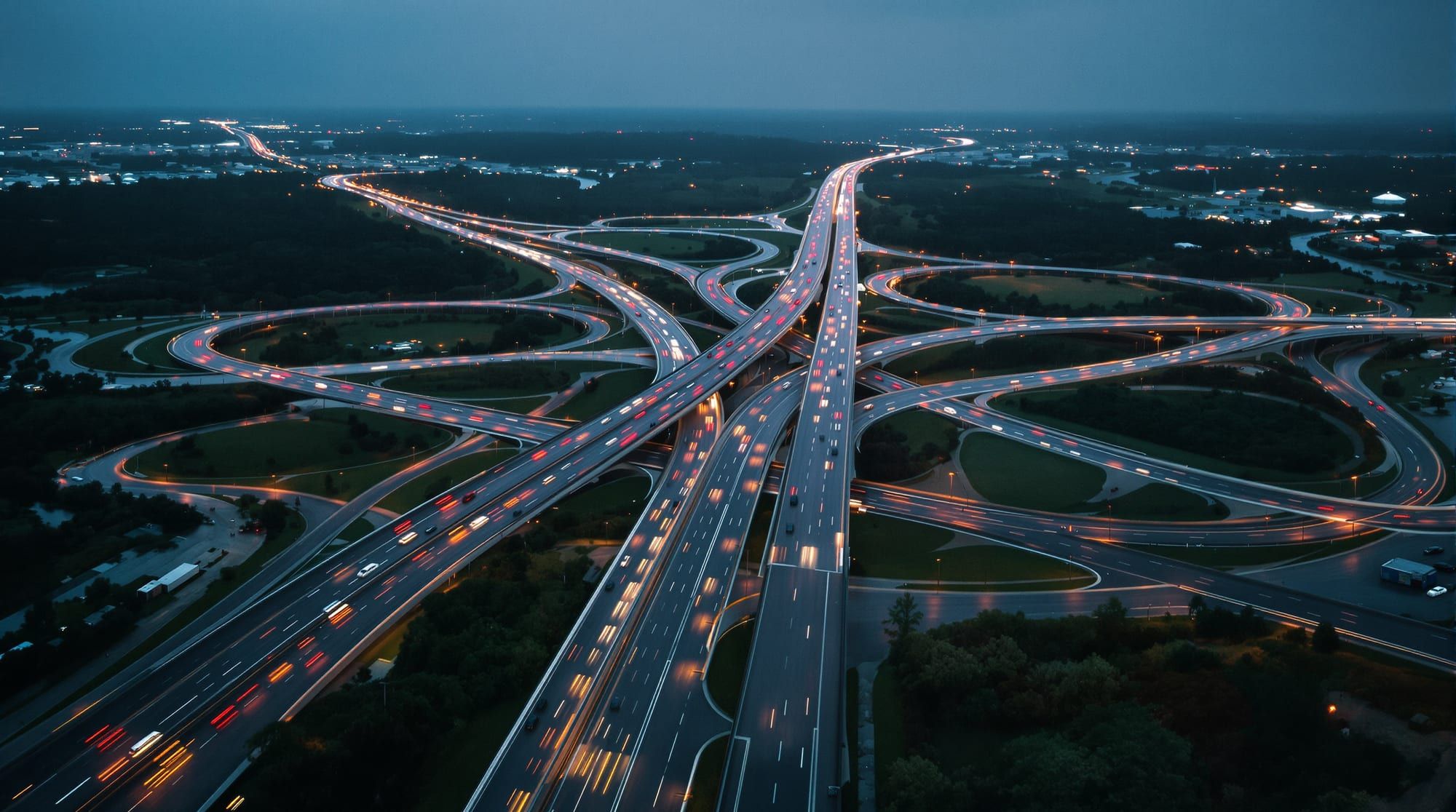 Highway interchange from above at blue hour, ramps curving through wet trees with traffic lights streaking